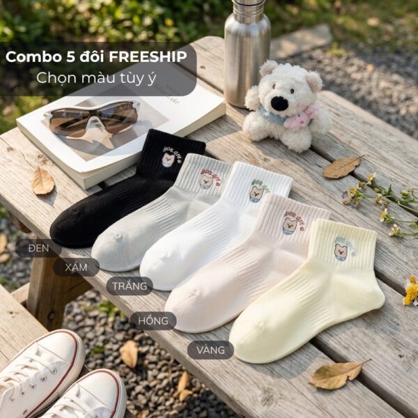 Combo 5 Đôi Tất Cổ Ngắn Thêu Hình Gấu Cực Chất – Cotton Co Giãn, Thấm Hút Mồ Hôi