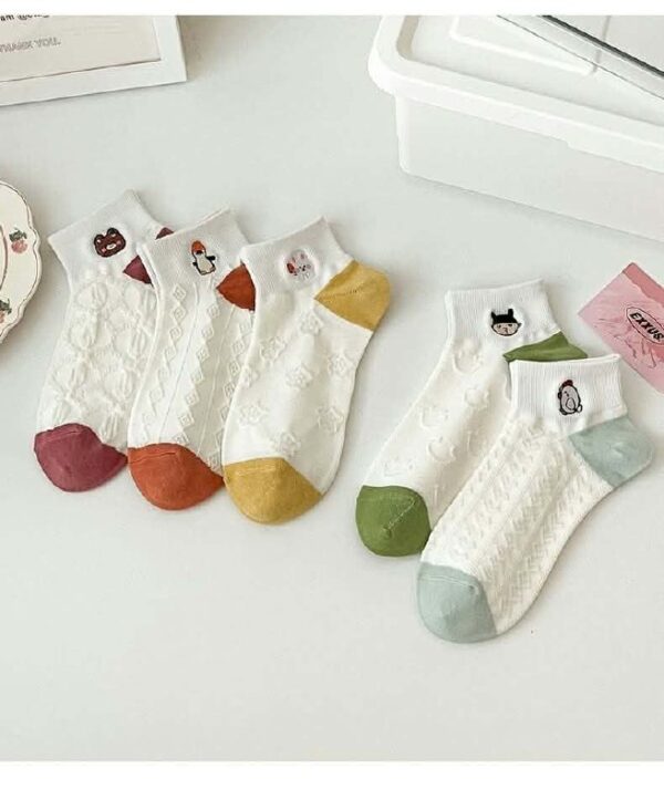Set 5 Đôi Tất Cổ Ngắn Nữ Dệt Nổi Họa Tiết Thêu Thú Phong Cách Hàn Quốc