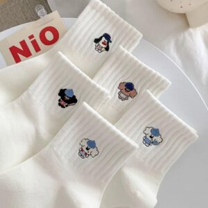 Tất Cotton Nữ Trắng Gân Tăm Thêu Hình Chú Cún Đội Nón Phong Cách Hàn Quốc