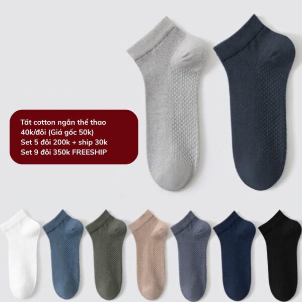Tất Cotton Cổ Ngắn Thể Thao Dệt Lưới Thoáng Khí Nam Nữ 9 Màu Basic