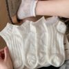 Tất Cổ Ngắn Nữ Cotton Lưới Mỏng Viền Bèo Họa Tiết Nơ Màu Trắng Phong Cách Hàn Quốc