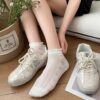 Tất Cổ Ngắn Nữ Cotton Lưới Mỏng Viền Bèo Họa Tiết Nơ Màu Trắng Phong Cách Hàn Quốc