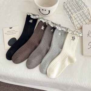Tất Cotton Nữ Cổ Cao Gân Tăm Viền Bèo Chấm Bi Thêu Hình Thú Phong Cách Hàn Quốc