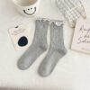 Tất Cotton Nữ Cổ Cao Gân Tăm Viền Bèo Chấm Bi Thêu Hình Thú Phong Cách Hàn Quốc