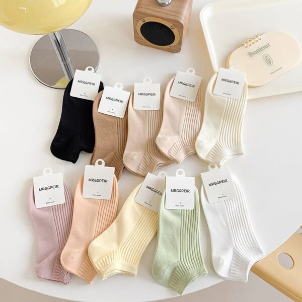 Tất Cotton Nữ Cổ Ngắn Trơn Gân Tăm Nhiều Màu Pastel Phong Cách Hàn Quốc