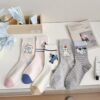 Tất Cotton Nữ Cổ Cao Họa Tiết Dệt Cún Và Mèo Dễ Thương Phong Cách Hàn Quốc