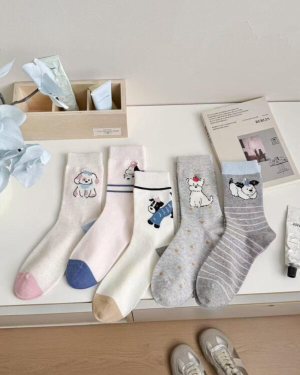 Tất Cotton Nữ Cổ Cao Họa Tiết Dệt Cún Và Mèo Dễ Thương Phong Cách Hàn Quốc
