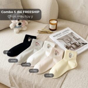 Tất Cotton Nữ Cổ Ngắn Gân Tăm Thêu Hình Gấu Chữ You Are A Phong Cách Hàn Quốc
