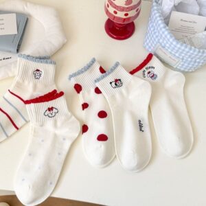 Tất Cotton Cổ Ngắn Nữ Viền Bèo Thêu Hình Cún Cute Puppy Tone Trắng Đỏ