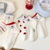Tất Cotton Cổ Ngắn Nữ Viền Bèo Thêu Hình Cún Cute Puppy Tone Trắng Đỏ