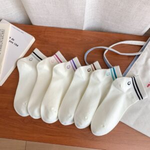 Tất Cổ Ngắn Nữ Thể Thao Viền Sọc Thêu Mặt Cười Cotton Co Giãn Phong Cách Hàn Quốc