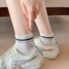 Tất Cổ Ngắn Nữ Thể Thao Viền Sọc Thêu Mặt Cười Cotton Co Giãn Phong Cách Hàn Quốc