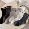 Tất Cotton Cổ Cao Nữ Họa Tiết Chấm Bi Viền Bèo Nhún Phong Cách Hàn Quốc