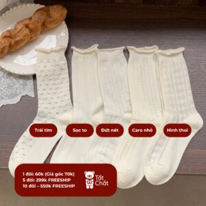 Tất Cotton Mỏng Nữ Cổ Cao Màu Kem Viền Bèo Họa Tiết Vintage Hàn Quốc