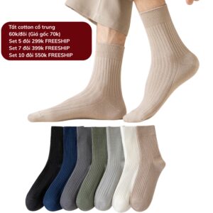 Tất Cotton Nam Nữ Cổ Trung Dệt Gân Trơn 7 Màu Basic Thoáng Khí