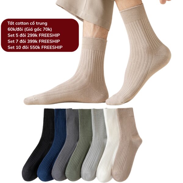 Tất Cotton Nam Nữ Cổ Trung Dệt Gân Trơn 7 Màu Basic Thoáng Khí