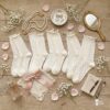 Tất Cotton Mỏng Nữ Cổ Cao Bèo Nhún Màu Trắng Ngà Họa Tiết Tim Kẻ Thanh Lịch