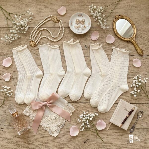 Tất Cotton Mỏng Nữ Cổ Cao Bèo Nhún Màu Trắng Ngà Họa Tiết Tim Kẻ Thanh Lịch