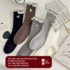 Tất Cotton Nữ Cổ Cao Gân Tăm Viền Bèo Chấm Bi Thêu Hình Thú Phong Cách Hàn Quốc