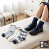 Set 5 Đôi Tất Cotton Cổ Bèo Cho Bé Gái Tông Xanh Navy Họa Tiết Hoa Nhí Kẻ Sọc Nơ