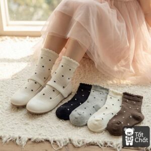 Set 5 Đôi Tất Cotton Trẻ Em Cổ Bèo Chấm Bi Gân Tăm Phong Cách Hàn Quốc