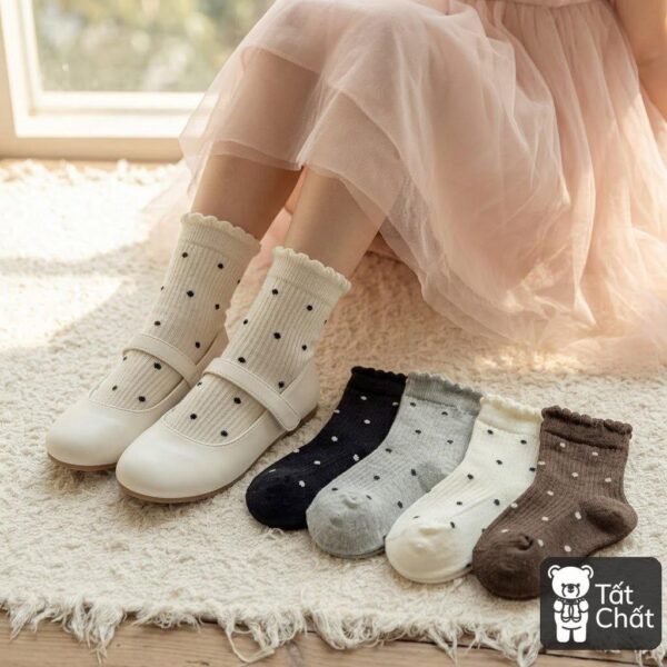 Set 5 Đôi Tất Cotton Trẻ Em Cổ Bèo Chấm Bi Gân Tăm Phong Cách Hàn Quốc