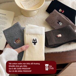Tất Cotton Nữ Cổ Cao Gân Tăm Thêu Hình Thú Dễ Thương Tông Trầm Hàn Quốc
