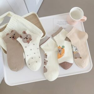 Set 5 Đôi Tất Cotton Cổ Ngắn Nữ Họa Tiết Gấu Capybara Tông Be Nâu Dễ Thương