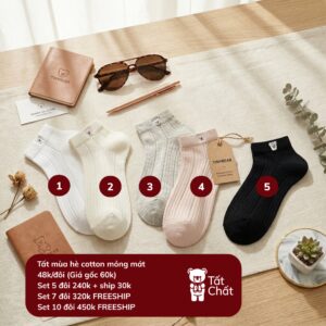 Tất Cotton Nữ Cổ Ngắn Mỏng Mát Mùa Hè Gân Dọc Thêu Gấu Nhỏ 5 Màu