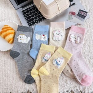 Tất Cotton Nữ Cổ Cao Thêu Hình Cún Lông Xù Chấm Màu Tone Pastel Dễ Thương