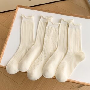 Tất Cotton Nữ Cổ Cao Viền Bèo Màu Trắng Kem Gân Nổi Họa Tiết Tim Hàn Quốc
