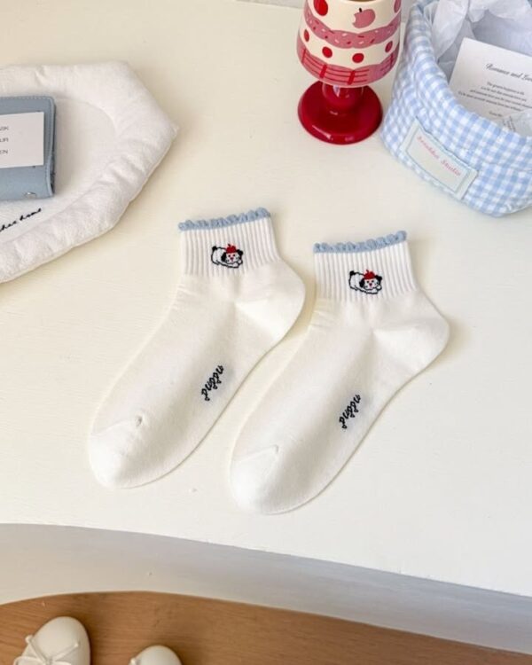 Tất Cotton Nữ Cổ Ngắn Viền Bèo Xanh Thêu Cún Đội Nón Chấm Bi Đỏ Dễ Thương