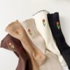 Tất Cotton Nữ Cổ Cao Gân Tăm Thêu Hoa Tulip Viền Bèo Màu Nâu Hàn Quốc