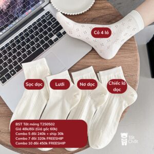Tất Cotton Mỏng Nữ Cổ Ngắn Màu Trắng Kem Họa Tiết Dệt Lưới Cỏ 4 Lá Thoáng Mát