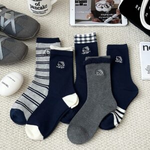 Set 5 Đôi Tất Cotton Cổ Cao Thêu Mèo Xanh Navy Xám Phối Sọc Caro