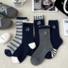 Set 5 Đôi Tất Cotton Cổ Cao Thêu Mèo Xanh Navy Xám Phối Sọc Caro