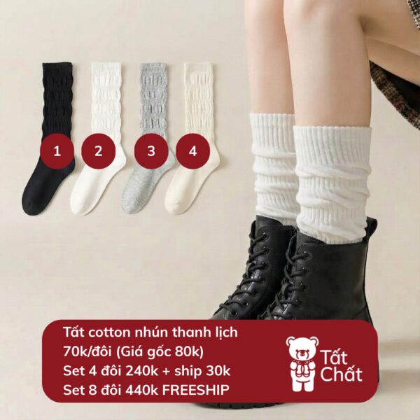Tất Cotton Nữ Cổ Cao Nhún Thanh Lịch Màu Đen Trắng Xám Kem Hàn Quốc