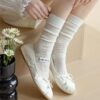 Tất Cotton Nữ Cổ Cao Mỏng Mát Gân Dọc Dệt Lỗ Thanh Lịch 5 Màu