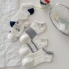 Tất Cotton Nữ Cổ Ngắn Trắng Phối Xanh Navy Họa Tiết Mèo Sọc Chấm Bi Viền Bèo