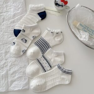 Tất Cotton Nữ Cổ Ngắn Trắng Phối Xanh Navy Họa Tiết Mèo Sọc Chấm Bi Viền Bèo