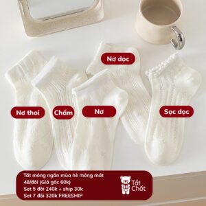 Tất Cotton Nữ Cổ Ngắn Mỏng Mát Mùa Hè Màu Trắng Dệt Nổi Họa Tiết Nơ