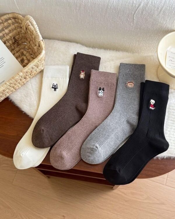 Tất Cotton Nữ Cổ Cao Gân Tăm Thêu Hình Gấu Cún Mèo Dễ Thương Hàn Quốc
