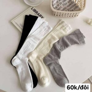 Tất Cotton Cổ Cao Gân Dọc Nhún Trơn Basic 4 Màu Đen Trắng Kem Xám