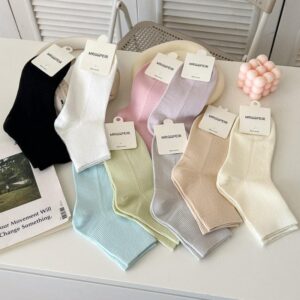 Tất Cotton Nữ Cổ Trung Gân Trơn 9 Màu Pastel Basic Phong Cách Hàn Quốc