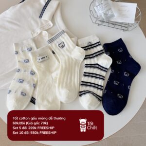 Tất Cotton Nữ Cổ Trung Mỏng Mát Thêu Gấu Dễ Thương Tông Trắng Xanh Navy