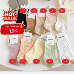 Tất Cotton Nữ Cổ Ngắn Gân Dọc Trơn 10 Màu Pastel Basic Hàn Quốc