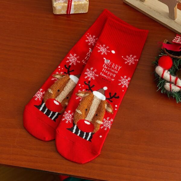 Tất Cotton Cổ Trung Giáng Sinh Màu Đỏ Họa Tiết Tuần Lộc Merry Christmas