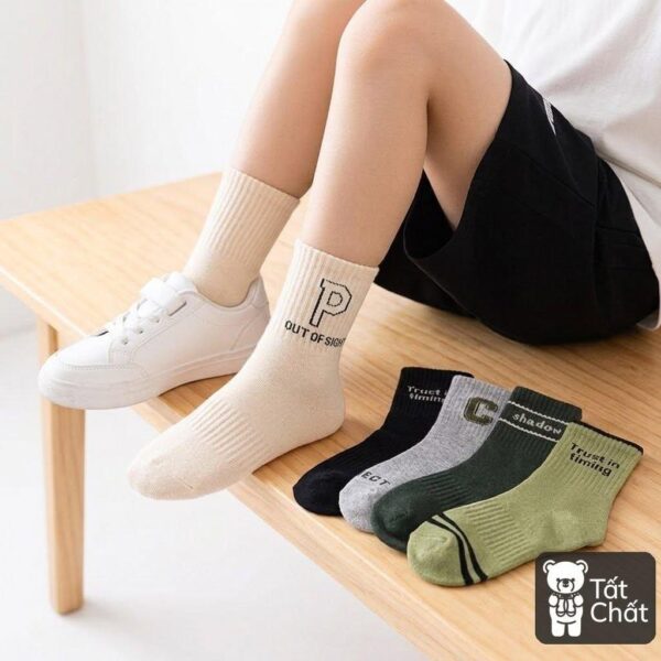 Set 5 Đôi Tất Cotton Cổ Cao Thể Thao In Chữ Cho Bé Trai Nhiều Màu