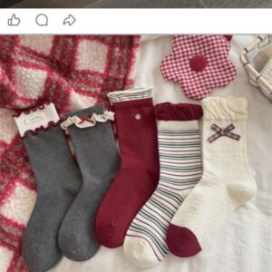 Tất Cotton Nữ Cổ Cao Viền Bèo Nơ Tông Đỏ Đô Xám Kem Phong Cách Noel