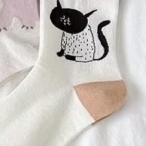 Tất Cotton Cổ Cao Trắng In Hình Mèo Đen Viền Sọc Gót Be Hàn Quốc